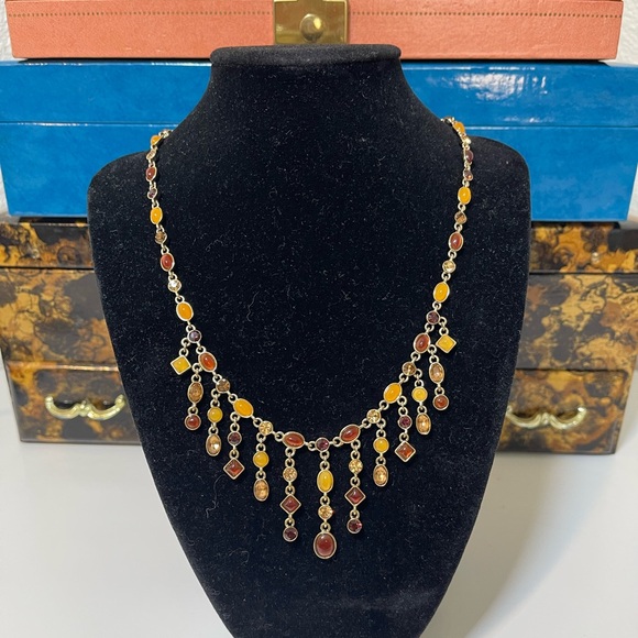 Gold-Tone Jeweled Cabochon Multi-Color Bib Victorian Style Necklace - Picture 1 of 4